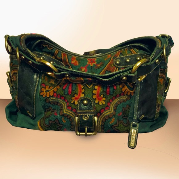 ISABELLA FIORE beaded Tapestry carpet bag LARGE Leather Boho Purse Hippie Chic - Picture 2 of 6